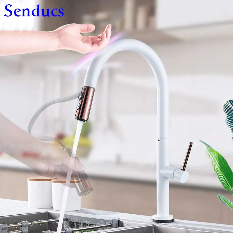 

Touch Kitchen Faucet Senducs White Pull Down Kitchen Mixer Tap Brass Sensor Kitchen Sink Faucet Luxury Rose Gold Touching Faucet