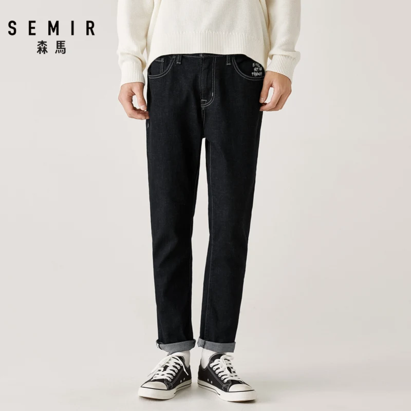 SEMIR мужские джинсы зимние Новые прямые брюки в гонконгском стиле Брендовые мужские брюки черные повседневные штаны с буквенным принтом