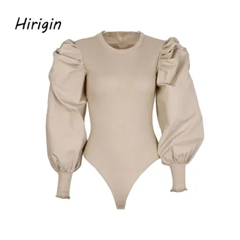 

women sexy Bodysuits basic solid bodysuits puff sleeve stretchy playsuits black gray female casual wear retro top for party club