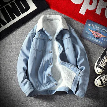 

Plus Velvet Denim Jacket Men Warm Fashion Solid Color Casual Cotton Fur Collar Denim Jacket Man Streetwear Parker Men M-5XL