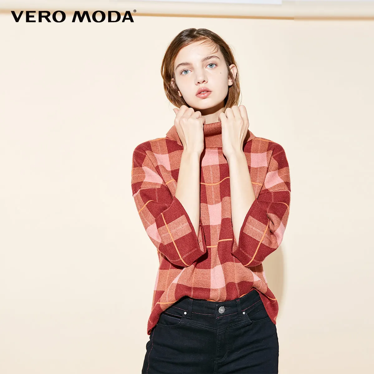 Vero Moda женский клетчатый свитер с высоким воротником и рукавом три четверти | 318313517 - Цвет: Rustic brown mel.