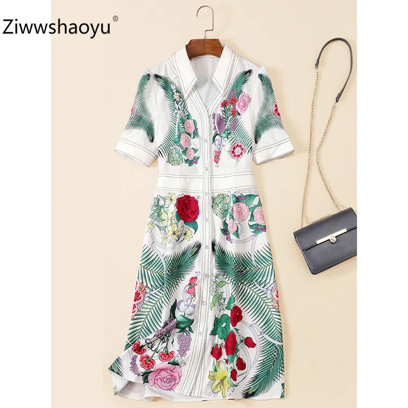 Ziwwshaoyu элегантное белое платье с цветочным принтом для женщин с коротким рукавом с v-образным вырезом для подиума, сексуальные летние повседневные платья для женщин