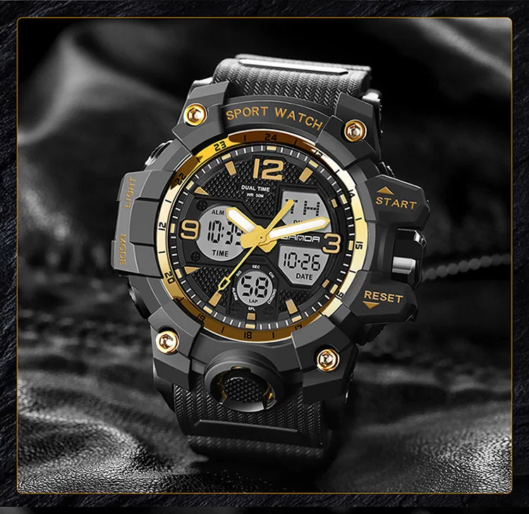 SANDA Fashion Sports Waterproof Watch Men Top Luxury Brand Military Digital Quartz Wristwatch Mens Dual Display Backlight Clock