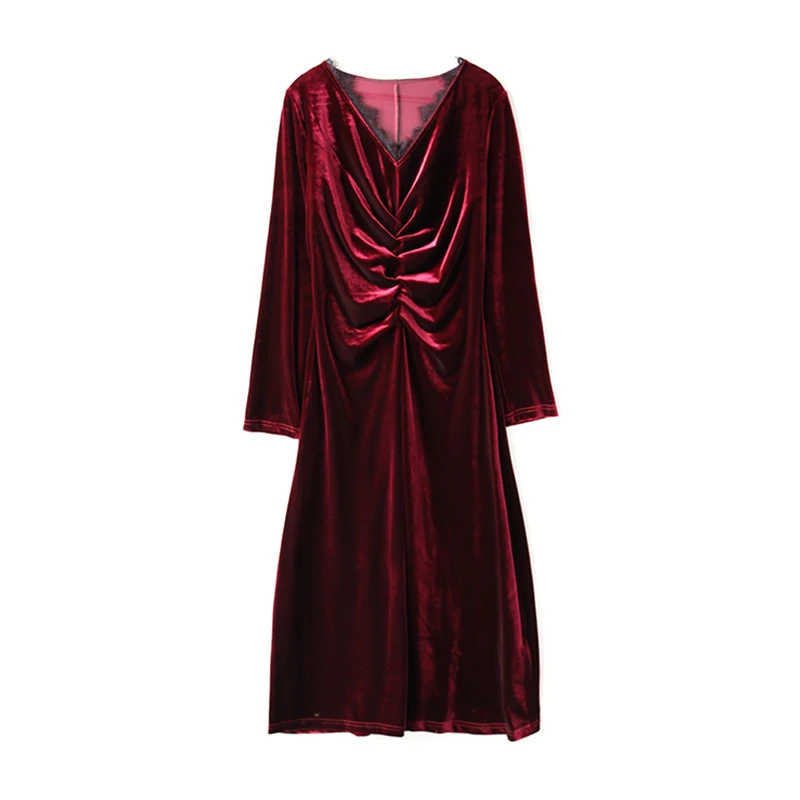 

PERHAPS U women elegant red wine black navy blue v neck velvet lace patchwork ruched long sleeve Split knee length dress D2093