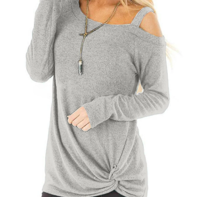 Осенний женский сексуальный круглый вырез тонкий сплошной цвет на одно плечо креативная витая девушка с длинным рукавом Водолазка рубашка для женщин - Цвет: Gray