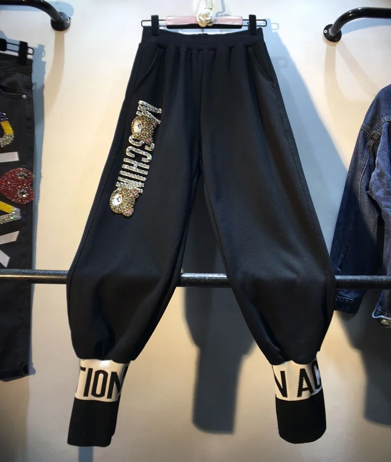 

2019 autumn new heavy work FASHION diamond beaded letters high waist harem pants women