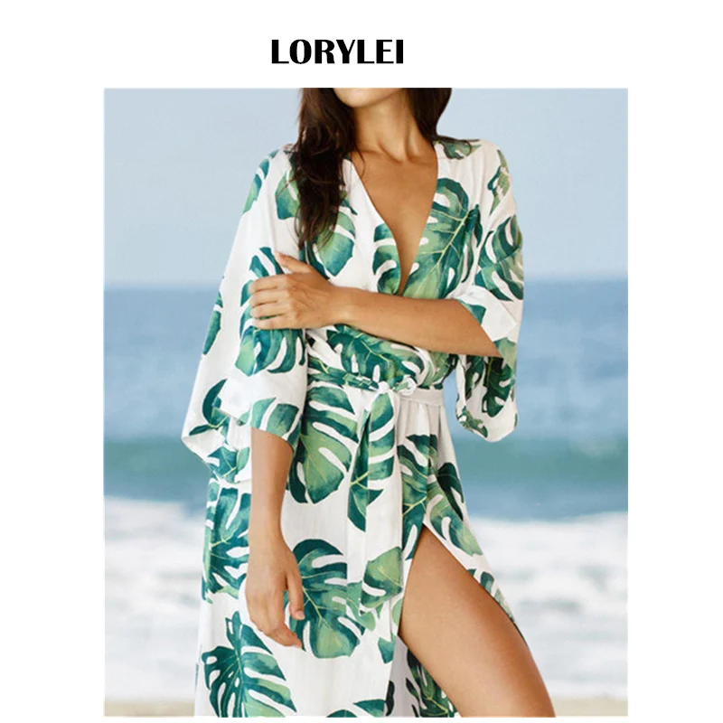 

2019 Women Summer Beach Tunic Swimwear Cover Up Plus Size Leaf Printed Cotton Sarong Bikini Wrap Dress Robe de plage pareo N675