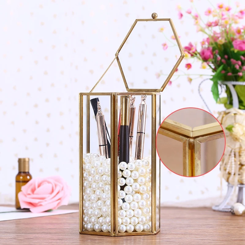 

Pure Copper Gold European Six-Sided Clamshell Geometric Glass Flower Room Ins Glass Makeup Brush Dressing Table Storage Box