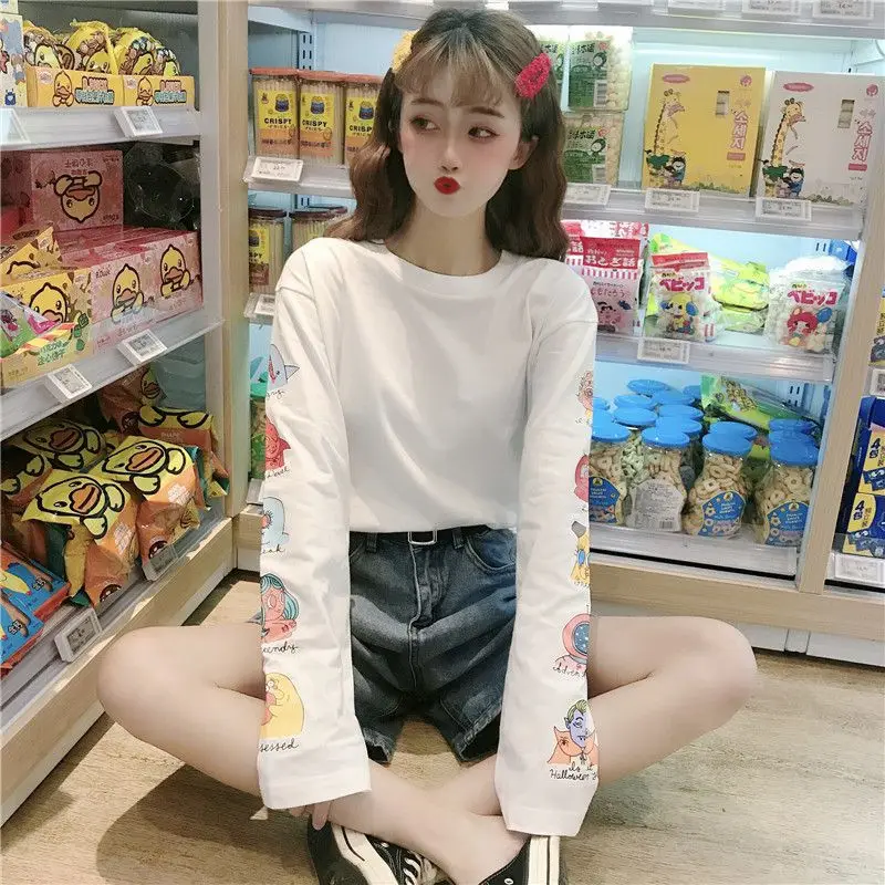 

T-Shirt Women Plus Size Cartoon Print Long Sleeve Loose T-Shirts Autumn Round Collar Casual Simple Wild TShirt