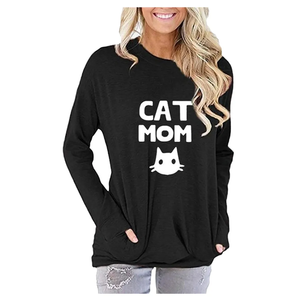 

Liva Girl Spring Women T-shirt Cats Print Letter T-shirts Women Causal Long Sleeve O Neck Cotton Tops Tees Slim Roupas Feminina