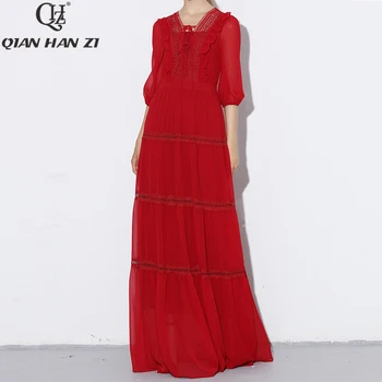 

Qian Han Zi newest summer designer fashion runway Maxi dress Women's V-neck openwork embroidered lace ruffled long beach dress