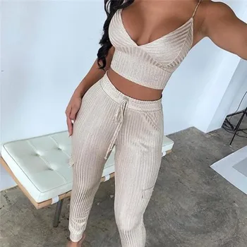 

2020 Autumn New Women'S Fashion Sexy 2 Piece Two-Piece Set Sleeveless Bandage Long Pants Pocket Spring Club Party Set