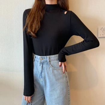 

PX2782 Design sense all-match small high neck fleece skin-friendly long-sleeved t-shirt women