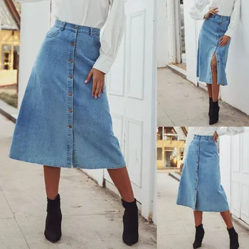 

Women's Summer Denim Casual Button With Pocket Keen-length Skirt Юбка Юбка Женская Юбки Женские