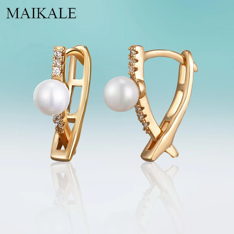 MAIKALE New Fashion V-shape Cross Stud Earrings with Pearl Cubic Zirconia Gold Silver Color Plated Samll Earrings for Women Gift