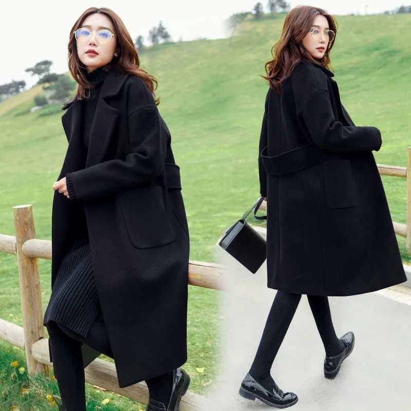 

2019 Black Hepburn Wind Woolen Overcoat Women's Autumn & Winter Korean-style Mid-length Loose-Fit Woolen Jacket