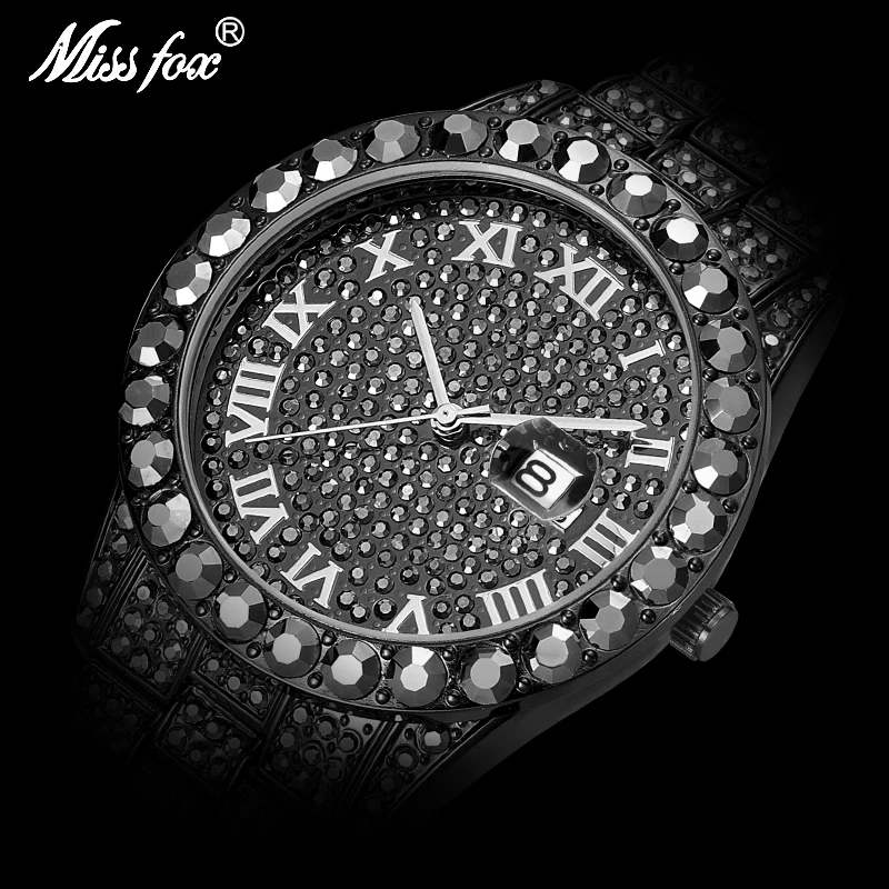 

Blind Drop Shipping Supplier MISSFOX Blacked Out Watch Diamond Branded Rolexable_watch Men Daytona Luxury Stylish Watches For Me