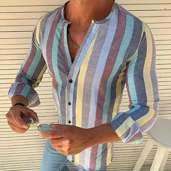 

Men's Striped V-Neck Shirt Fashion Linen Long Sleeve Basic Tee T-shirt Casual Tops Blouse New Male Sexy Handsome Outwear Shirts