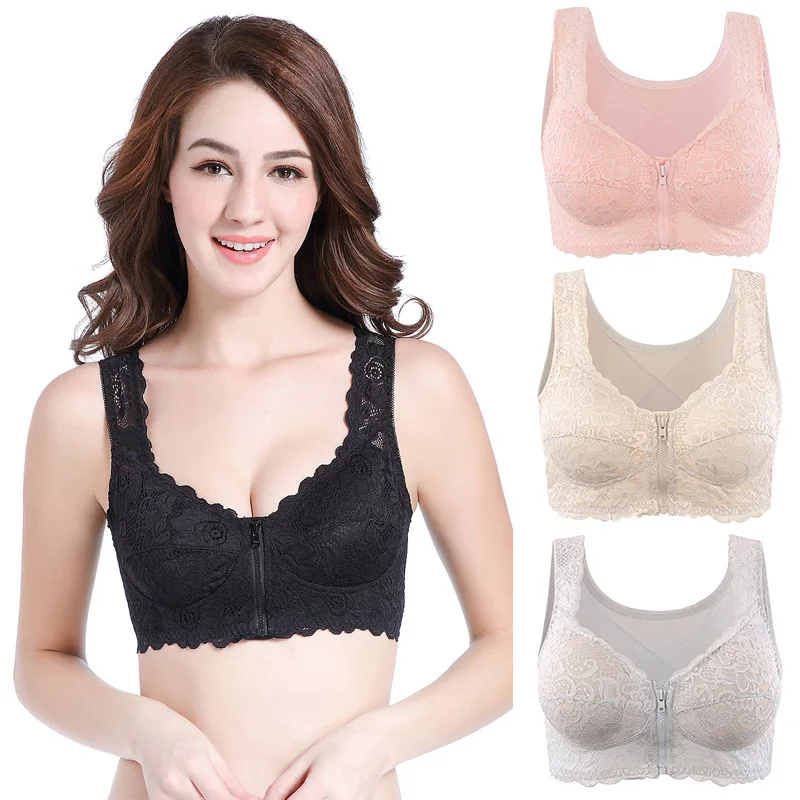 Women Wireless Lace Back Support Bra Front Zipper Closure Full Coverage NIN668