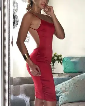 

Open Back Spaghetti Strap Bodycon Satin Dress Women Solid Red Backless Sexy Party Dress Nightwear Tight Vestidos