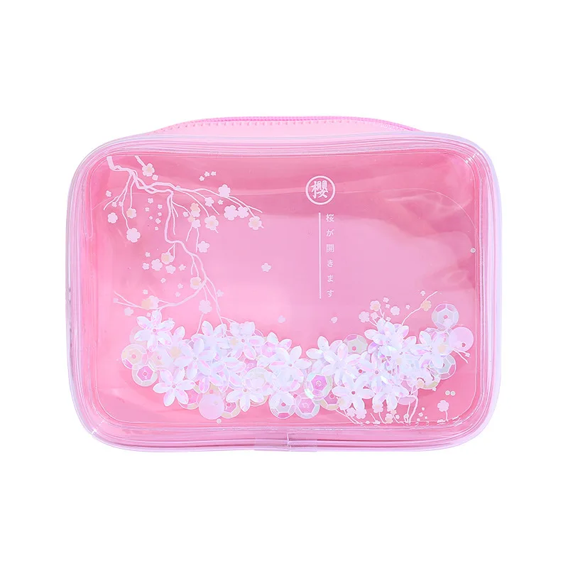 Розовый ПВХ Сакура Карандаш Чехол прозрачный эффект сыпучего песка для девочек ручка канцелярские принадлежности для школьных принадлежностей косметическая сумка туалетных принадлежностей, Красота комплект