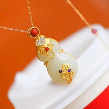 

silver inlaid natural Hetian white jade gourd Pendant Necklace Chinese style retro unique ancient gold craft charm brand jewelry