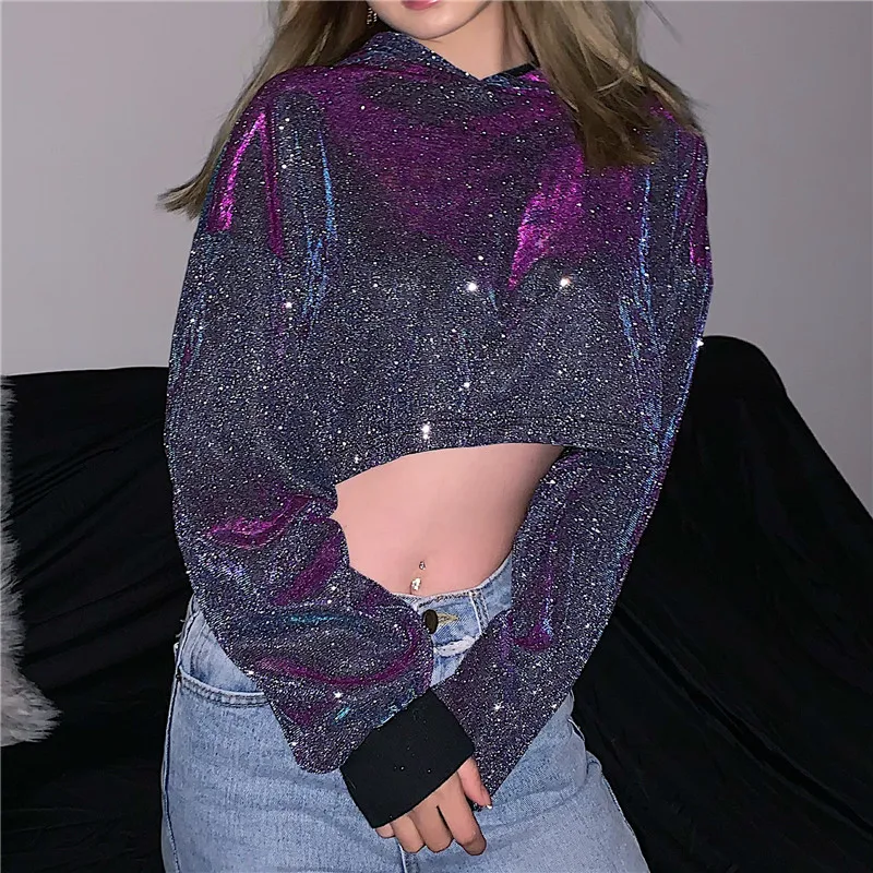 Shinging Lurex Women Hoodies Sport Hipster Rock Pullover Sweatshirt Party Top Lady Short-length Long -sleeve Loose 2020 Autumn
