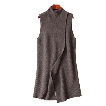 

2019 Women's New Autumn Winter Cashmere High Collar Long Vest Soft Comfortable Cloak Sleeveless Front Slit Fashion Casual Dress