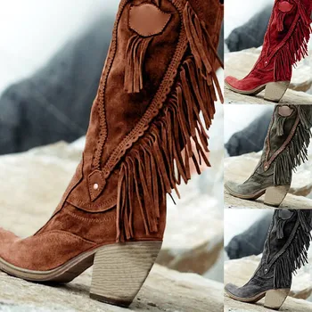 

High Women's Quality Casual Shoes Ladies Solid Retro Vintage Solid Sewing Fringe Flock Middle Boots Plus size 43 Bota Feminina