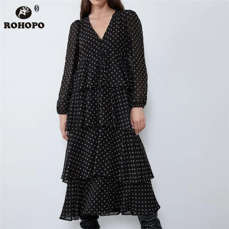 ROHOPO Polk/Многослойное платье миди в горошек с длинным рукавом и v-образным вырезом