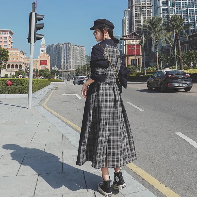 2020 Spring Plaid Stitching Trench Coat Womens New Long Double-breasted British Temperament Suit Collar Jacket Women