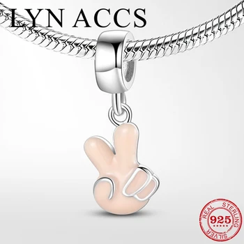 

Genuine925 Sterling Silver Spring Pink Enamel Victory gesture Beads Pendant Jewelry making Fit Original LYNACCS Charm Bracelet