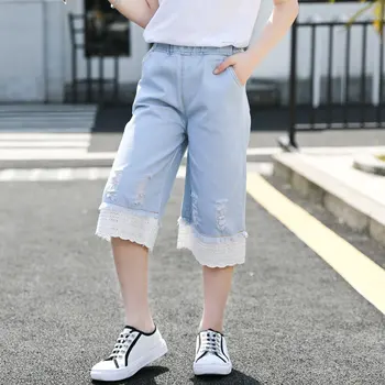 

Elegant Girls Loose Capri Pants Kids Lace Pants Jeans New Summer Girls Calf-length Capri Pants Teenagers Denim Cropped Trousers
