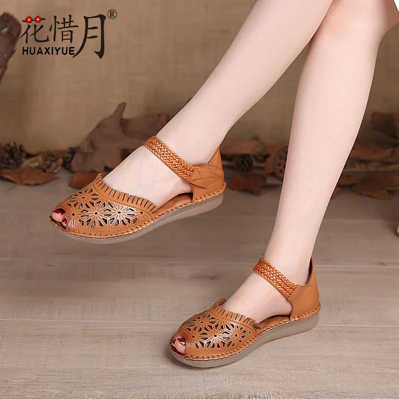 

Flower Cherish Month 2019 New Style Retro Hollow out Peep-toe Sandals Casual Soft-Sole Massage Full-grain Leather Mom Sandals