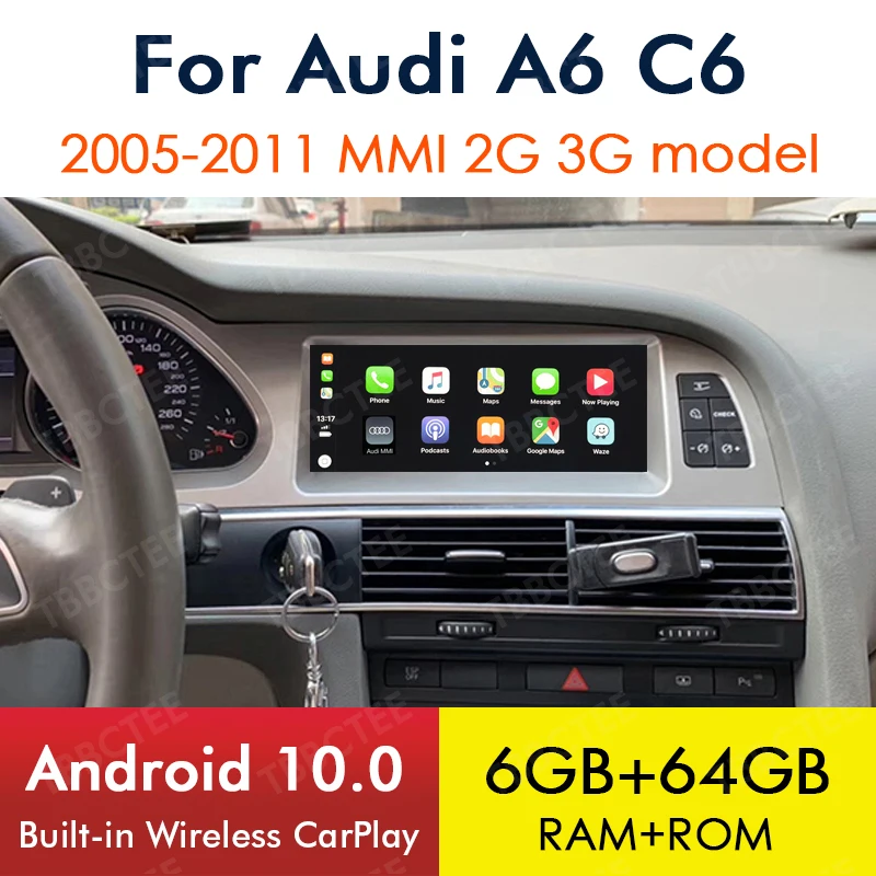 Android 10 Wireless CarPlay 6GB 64GB For Audi A6 C6 4f 2005~2011 MMI 2G 3G Car Multimedia Player GPS Navi Stereo WiFi BT