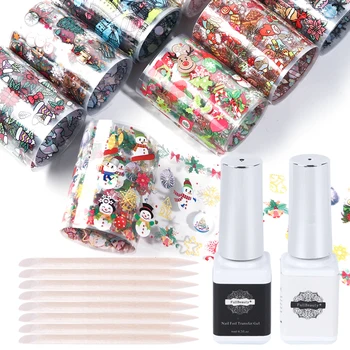 

Nail Gel Glue Transfer Foils Set Christmas Snowflake Santa Elk Starry Sky Adhesive Slider For Manicure Nail Art Decals SA1534-2