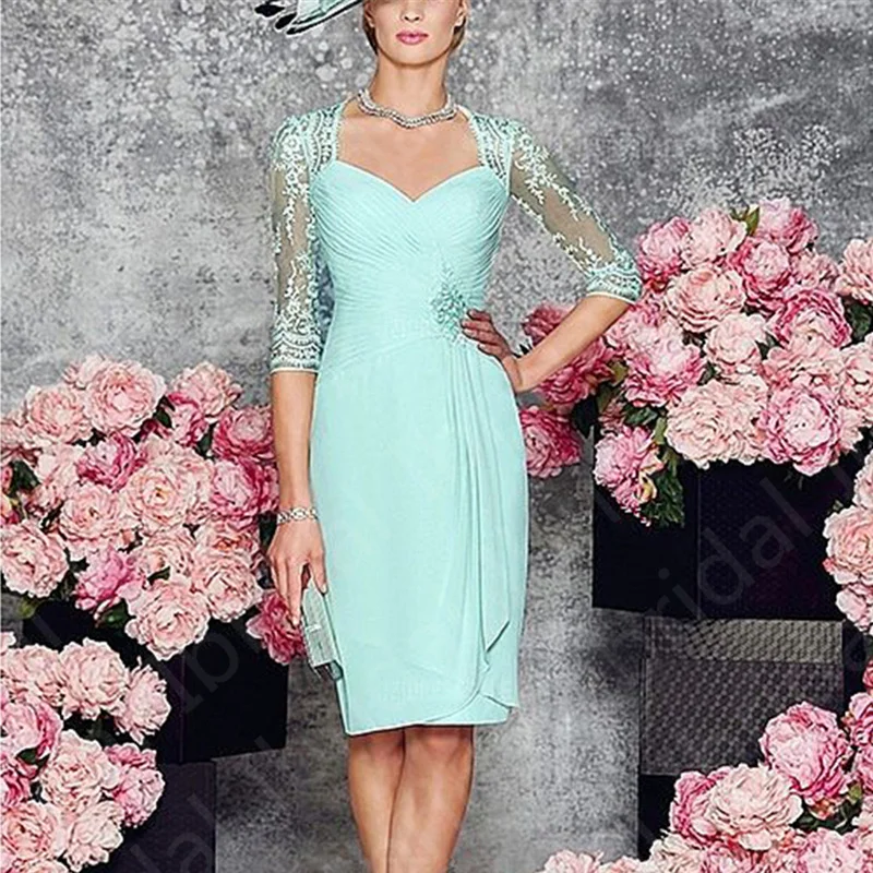 Two Pieces Mother of the Bride Dresses Lace with Jacket Short Dresses Knee Length Wedding Party Gowns with 3/4 Sleeves