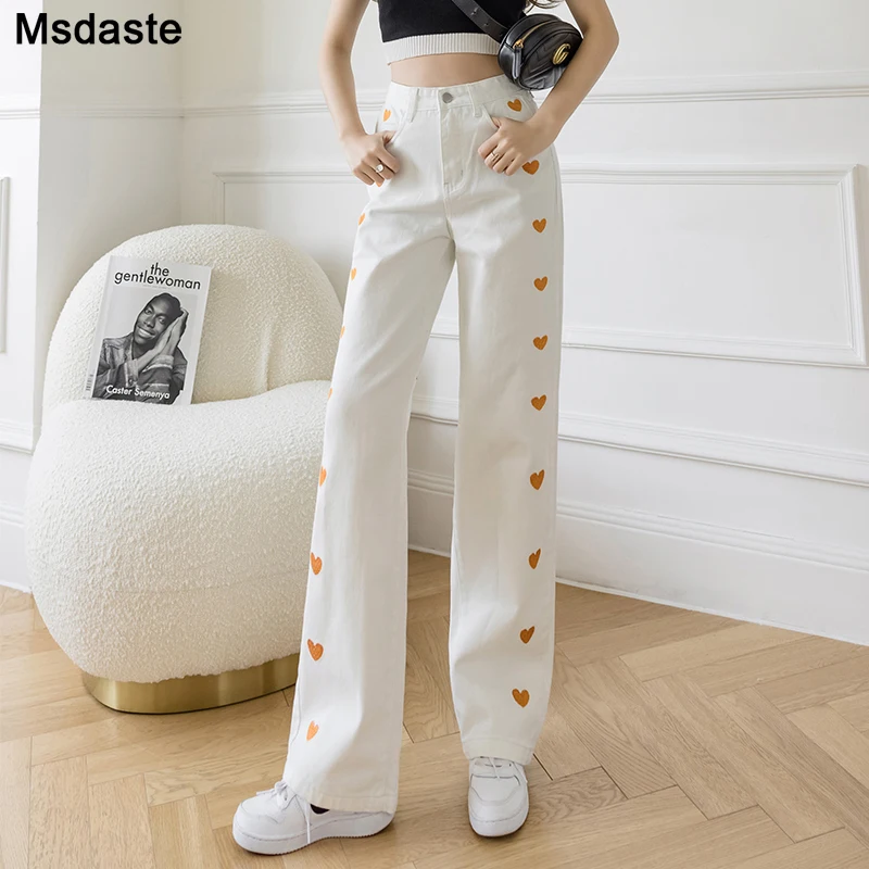 

Jeans Women Fashion New High Waisted Cotton Heart Straight Leg Full Length Lady Pantolone White Blue Casual Woman Denim Pants