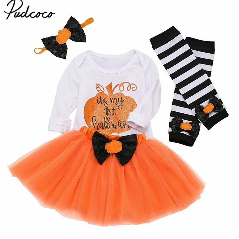 

2019 My 1st Halloween Outfits Infant Baby Girls Pumpkin Romper+Tutu Skirt+1 Pair Leg Warmers+Headband 4Pcs Cute Clothes 0 to 24M