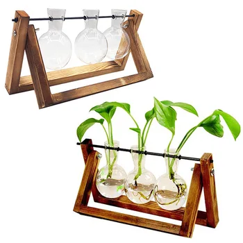 

2020 New 1Pcs Hydroponic Plant Vases Vintage Flower Pot Transparent Vase Wooden Frame Glass Tabletop Plant Home Decor Party Gift