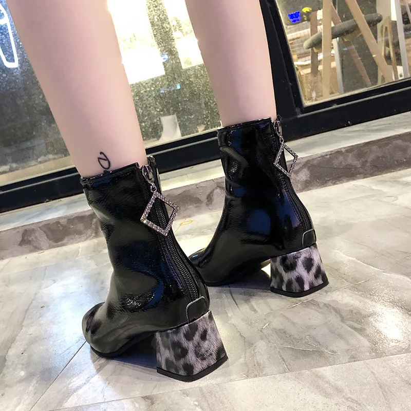 

Leather Boot 2019 Autumn And Winter New Style Korean-style Women's Martin Boots after Zipper Square Head Chunky-Heel Middle Boot