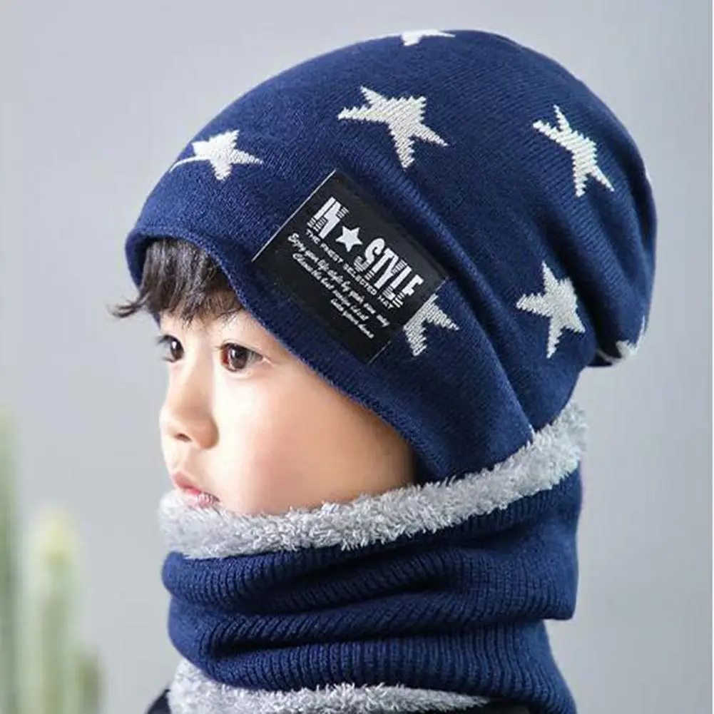 2 шт зимняя Милая пятиконечная звезда шаблон Утолщаются теплая вязаная шапка набор шейных платков для детей