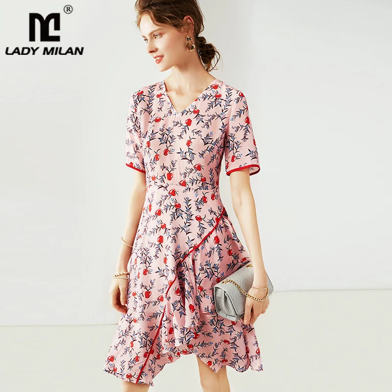 

100% Silk Women's Dresses Sexy V Neck Short Sleeves Floral Printed Ruffles Asymmetrical Fashion Casual Quality Dresses