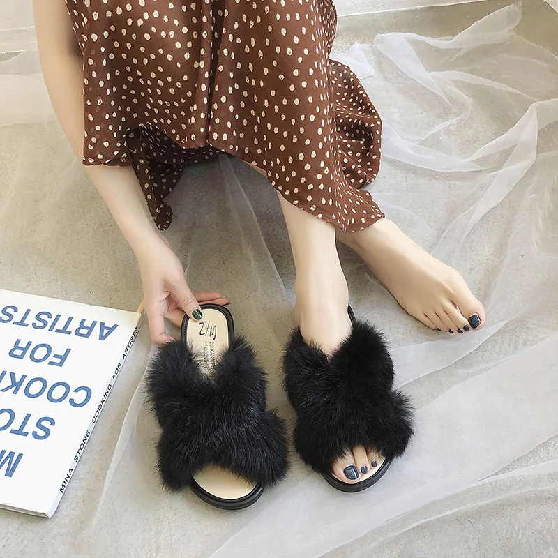 

Plush Slipper Women's 2019 Autumn New Style Korean-style Line-styled Low Heel Natural Wool Online Celebrity Simple Flat Anti-sli