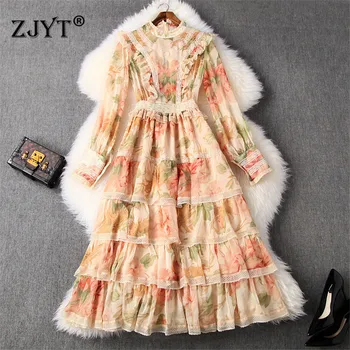 

Top Fashion Runway Dress Women 2020 Spring New Designers Long Sleeve Lace Patchwork Print Ruffled Midi Chiffon Holiday Dresses