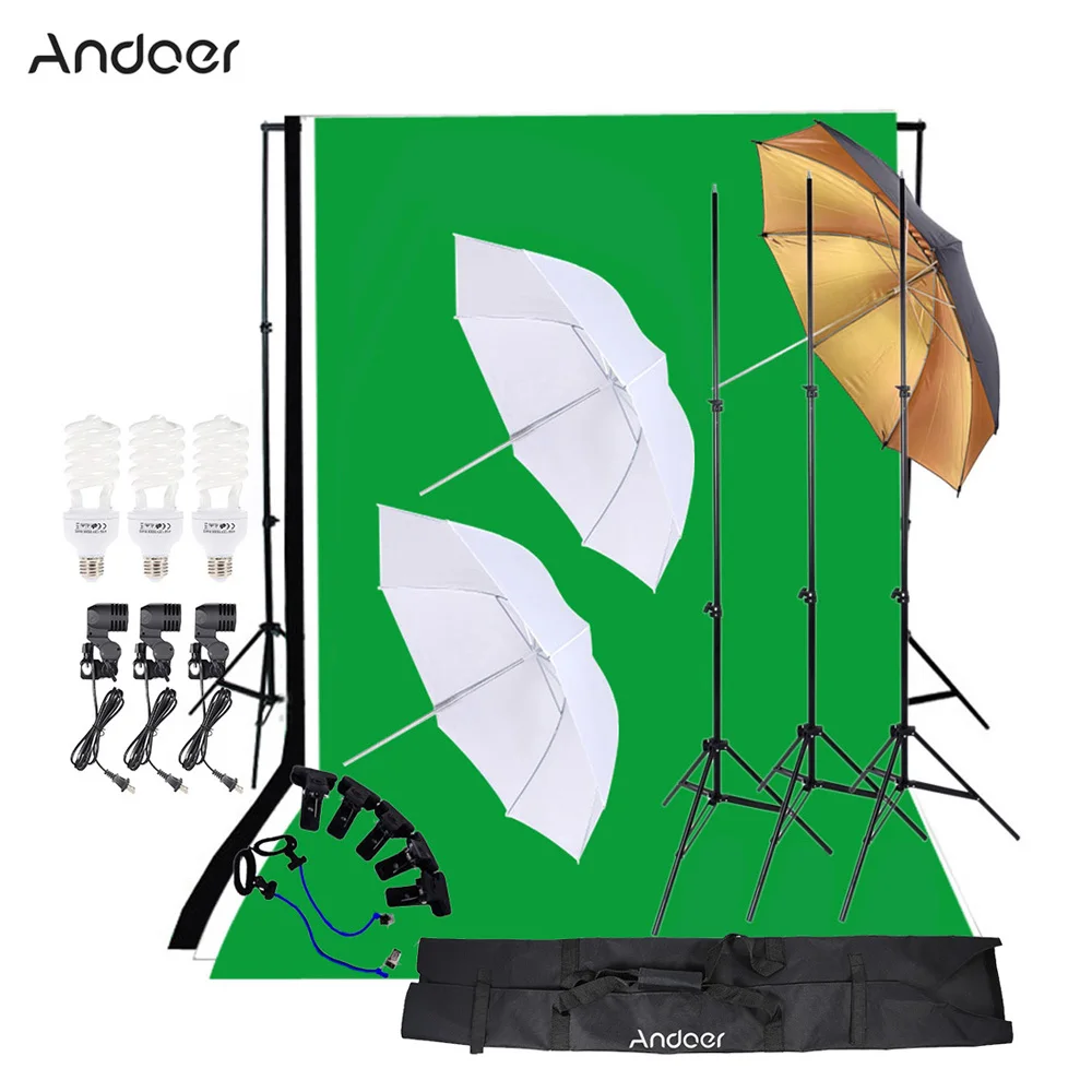 

Andoer Photo Studio Kit Photography 45W Light Bulb Muslin Backdrop Stand E27 Light Socket Soft Umbrella Black/Gold Umbrella Set
