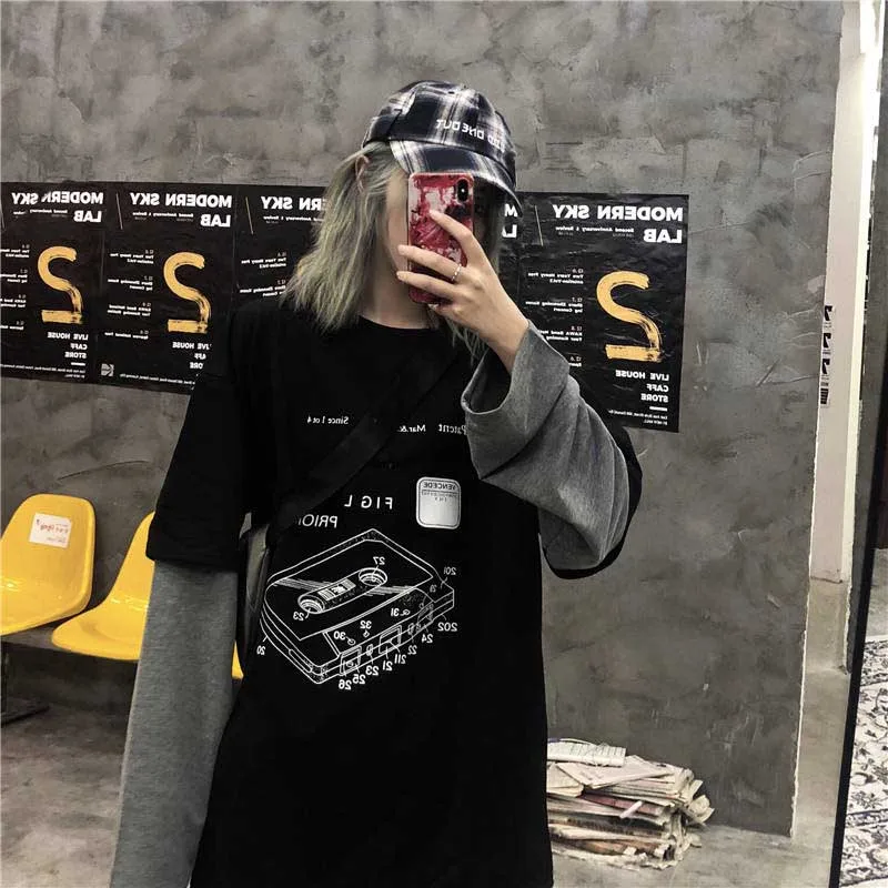 NiceMix Harajuku поддельные две части футболки для женщин хип-хоп Уличная одежда с длинным рукавом печатных негабаритных мужские футболки свободного покроя с круглым вырезом