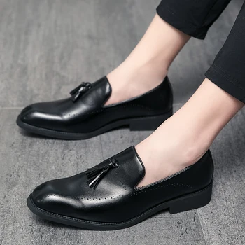

Mens Leather Loafers with Bow Tie Black Brown Casual Leather Men Dress Shoes Slip On Wedding Party Formal Shoes big size 48