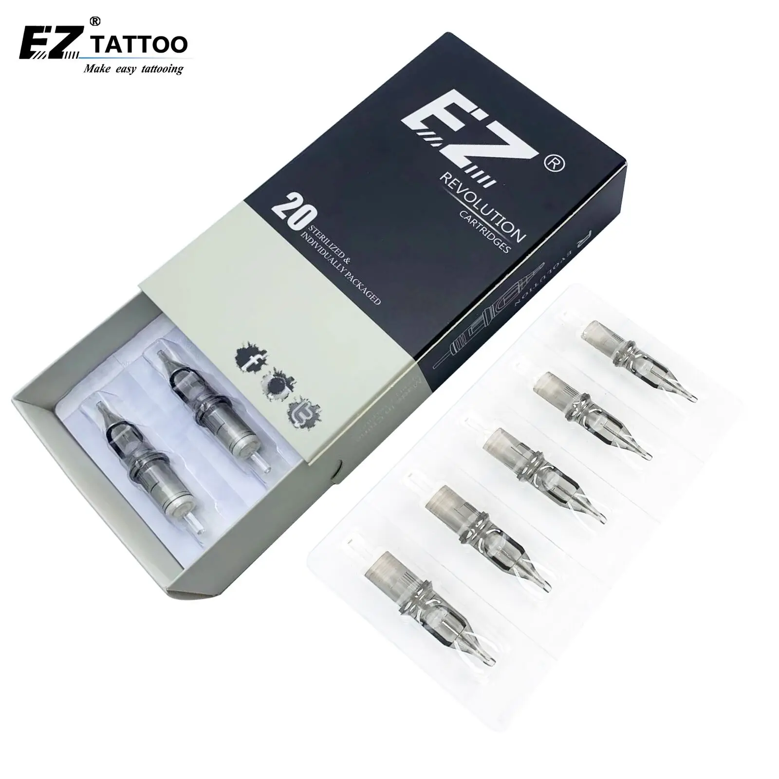 

EZ Revolution Tattoo Cartridge Needles #12(0.35 MM) #10 (0.30 ) Round Liner Long Taper for Rotary Machine Grips 20 Pcs/Box