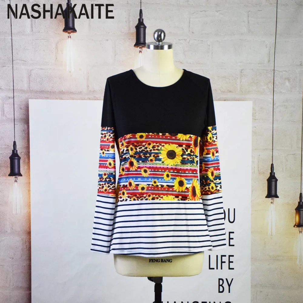 NASHAKAITE/топы для дочек, с длинными рукавами, в стиле пэчворк, в полоску, с принтом подсолнуха, топы, семейная футболка одежда для мамы и дочки